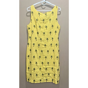 R&K Women Linen Yellow Palm Tree Sleeveless Dress 16 Embroidery Tropical Preppy